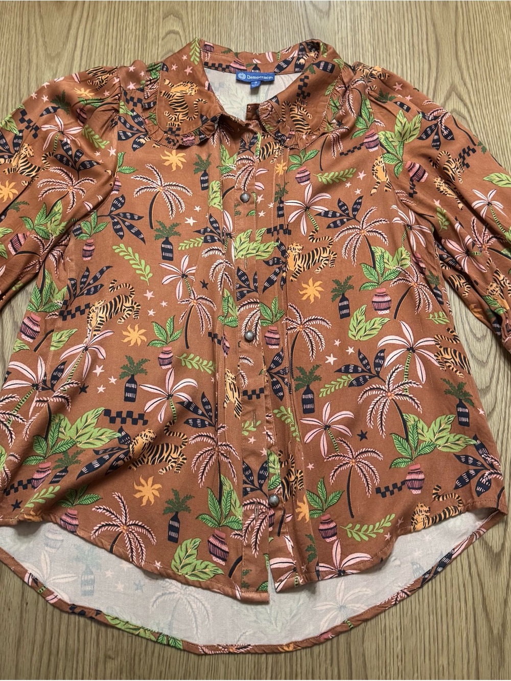 Democracy Rust Tropical Print Button-Down Shirt with Green & Pink Accents